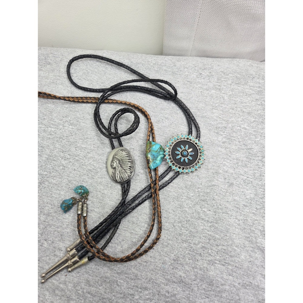 Lot of 3 Vintage Turquoise Navajo Chief Handmade Leather Bolo Ties Southwestern